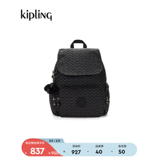 Kipling男女款轻便帆布2024春季双肩包猴子包|CITY ZIP系列 S-黑底字母印花