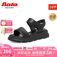 拔佳（Bata）厚底凉鞋女夏商场羊皮松糕通勤一字带凉鞋AVI02BL3 黑色 35