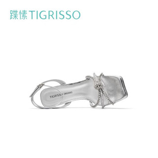 蹀愫（tigrisso）夏时尚水钻方头粗跟防水台高跟一字带凉鞋女TA43302-12 银色皱羊皮革 38