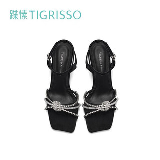 蹀愫（tigrisso）夏时尚水钻方头粗跟防水台高跟一字带凉鞋女TA43302-12 银色皱羊皮革 38