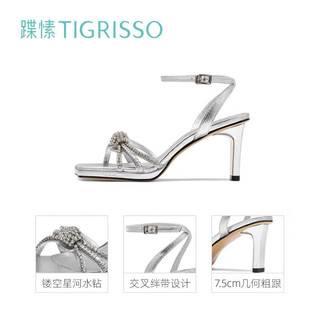 蹀愫（tigrisso）夏时尚水钻方头粗跟防水台高跟一字带凉鞋女TA43302-12 银色皱羊皮革 34