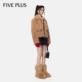 Five Plus 5+ 颗粒绒短外套女冬女装毛茸茸短款拼PU皮翻领夹克 304驼色 M