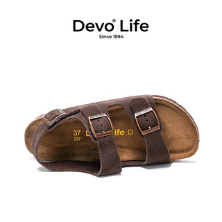 Devo Life的沃软木凉鞋女休闲平跟搭扣时尚休闲反绒绒面女士凉拖2627 深棕反绒皮 44