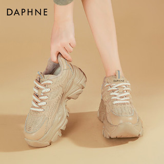 达芙妮（DAPHNE）加绒老爹鞋女款冬季2023加厚棉鞋厚底拼色街拍休闲运动鞋百搭 卡其色【内绒款】 35