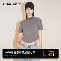 MISS SIXTY2024春季短袖T恤女半高圆领鱼骨拼接纯色短款显瘦 深灰 XS