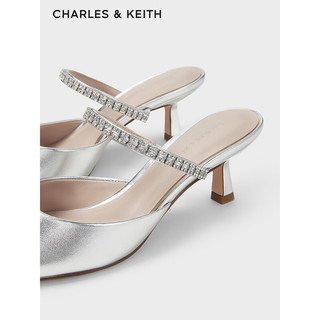 CHARLES&KEITH24春亮钻一字带尖头高跟穆勒拖鞋CK1-60920353 Silver银色 37