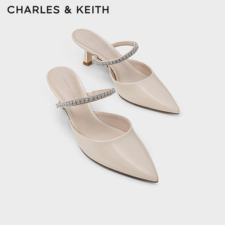 CHARLES&KEITH24春亮钻一字带尖头高跟穆勒拖鞋CK1-60920353 Cream奶白色 36