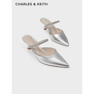 CHARLES&KEITH24春亮钻一字带尖头高跟穆勒拖鞋CK1-60920353 Silver银色 37