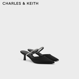 CHARLES&KEITH24春亮钻一字带尖头高跟穆勒拖鞋CK1-60920353 BLACK TEXTURED黑色纹理 41