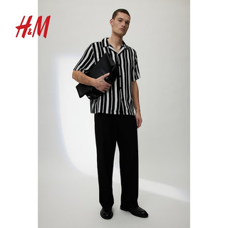 H&M男装衬衫2024春季悠闲海边沙滩短袖上衣0656677 米色/白色条纹 175/108A