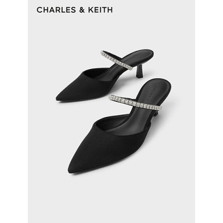CHARLES&KEITH24春亮钻一字带尖头高跟穆勒拖鞋CK1-60920353 BLACK TEXTURED黑色纹理 36