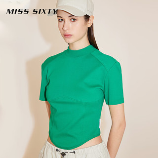 MISS SIXTY2024春季短袖T恤女半高圆领鱼骨拼接纯色短款显瘦 绿色 M