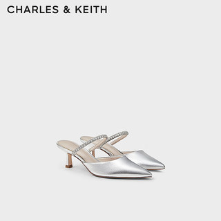 CHARLES&KEITH24春亮钻一字带尖头高跟穆勒拖鞋CK1-60920353 Silver银色 36