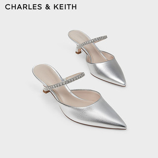 CHARLES&KEITH24春亮钻一字带尖头高跟穆勒拖鞋CK1-60920353 Silver银色 41