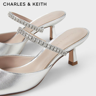 CHARLES&KEITH24春亮钻一字带尖头高跟穆勒拖鞋CK1-60920353 Silver银色 38