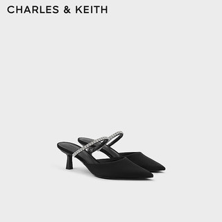 CHARLES&KEITH24春亮钻一字带尖头高跟穆勒拖鞋CK1-60920353 BLACK TEXTURED黑色纹理 40