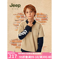 Jeep童装儿童卫衣拼接男女童潮流POLO衫中大童长袖T恤 浅卡其 150cm