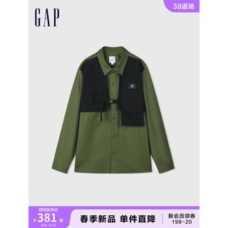 Gap男装春季2024LOGO户外工装拼接长袖衬衫876985休闲上衣 军绿色 175/96A(L)亚洲尺码