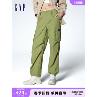 Gap女装春季2024LOGO抽绳长筒阔腿中腰工装裤872632休闲裤 橄榄苔藓绿色 2(26)亚洲尺码