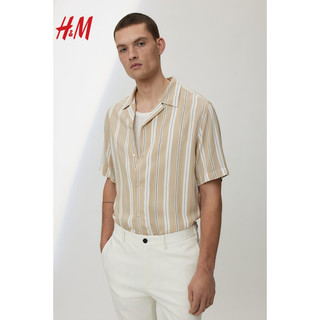 H&M男装衬衫2024春季悠闲海边沙滩短袖上衣0656677 黑色/白色条纹067 175/100A