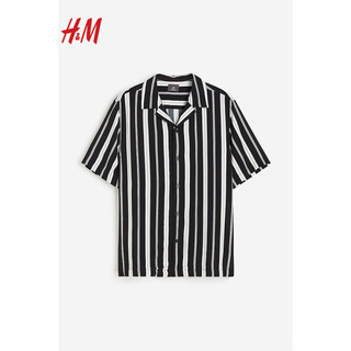 H&M男装衬衫2024春季悠闲海边沙滩短袖上衣0656677 黑色/白色条纹067 170/92A