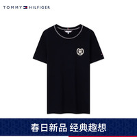 TOMMY HILFIGER 24春季女纯棉植绒麦穗字母合身针织短袖上衣WW0WW41903 藏青色DW5 XS