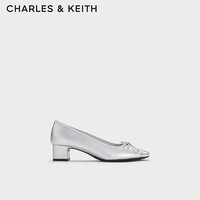 CHARLES&KEITH24春季蝴蝶结粗跟浅口芭蕾舞鞋单鞋CK1-60920369 Silver银色 35