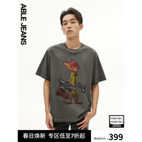 ABLE JEANS24夏季疯狂动物城复古印绣花宽松T恤短袖男781426 矿石灰 XL