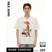 ABLE JEANS24夏季疯狂动物城复古印绣花宽松T恤短袖男781426 象牙白 XS