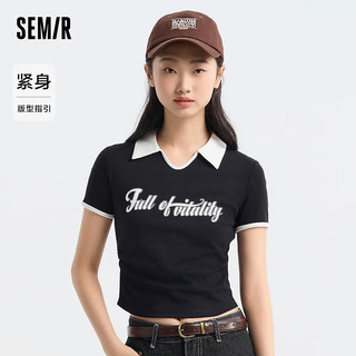 Semir 森马 POLO衫女短款小心机撞色2024夏季美式复古字母紧身套头衫 黑色90001 160/84A/M