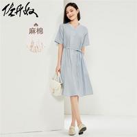 佐丹奴裙子女装天然麻棉梭织V领褶皱绑带薄短袖连衣裙05464324 59浅绿 L