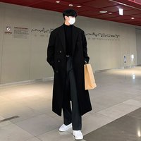 艾梵斯贝冬季男士毛呢大衣中长款过膝加厚呢子男款风衣外套韩版潮宽松 黑色(加棉款) 2XL