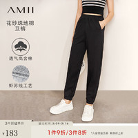 AMII2024夏极简学院风运动装休闲九分裤插袋橡筋腰女款卫裤 黑色 160/68A/M