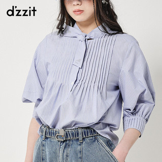 DZZIT地素衬衫春秋季专柜法式泡泡袖中袖蓝白条纹小上衣女 蓝色 S