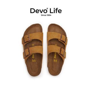 Devo 的沃 Life的沃软木凉拖男女同款夏季休闲时尚情侣拖鞋 2618 黄棕反绒皮 38