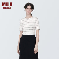 无印良品（MUJI） 女式 弹力罗纹织 圆领短袖T恤打底衫女款内搭五分袖早春 白色条纹 XL  165/92A