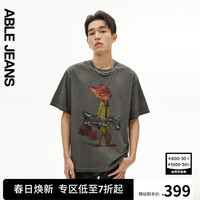 ABLE JEANS24夏季疯狂动物城复古印绣花宽松T恤短袖男781426 矿石灰 S
