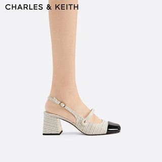 CHARLES&KEITH24春法式拼色方头粗跟玛丽珍鞋CK1-60361507 Cream奶白色 35