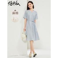 佐丹奴裙子女装天然麻棉梭织V领褶皱绑带薄短袖连衣裙05464324 59浅绿 XL