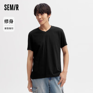 森马（Semir）短袖T恤男2024夏纯色修身V领上衣净色百搭休闲装109324100139 XS 黑色调00399