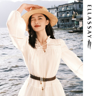 歌力思（ELLASSAY）【同款】24春夏桑蚕丝法式镂空高腰白色连衣裙女 纯净白（3.20） XS