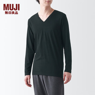 无印良品（MUJI）男式 棉冬季 V领 长袖T恤 打底衫 黑色 S