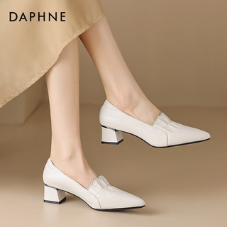 达芙妮（DAPHNE） 通勤豆豆鞋2024年新春款尖头粗跟单鞋女 乳白色 34