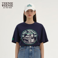 Teenie Weenie小熊2024年宽松圆领短袖T恤棉质短款上衣时尚ins风女 藏青色 175/XL