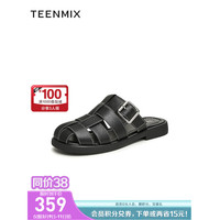 天美意2024夏一脚蹬包头猪笼织复古女罗马拖鞋KT043BT4 黑色 36