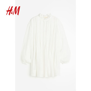 H&M 女装2024春季休闲圆领细褶苎麻连衣裙1226845 白色 160/88A