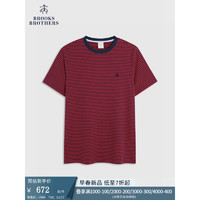 布克兄弟（BrooksBrothers）男士24早春棉刺绣LOGO条纹短袖T恤 B645-红色 XXL