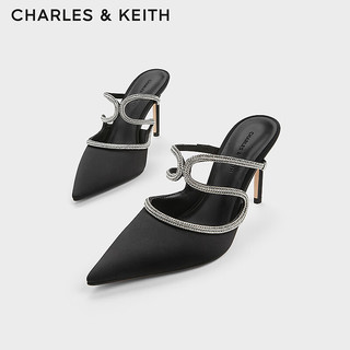 CHARLES&KEITH24春链条尖头细高跟包头凉穆勒拖CK1-60280428 BLACK TEXTURED黑色纹理 40