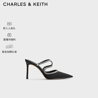 CHARLES&KEITH24春链条尖头细高跟包头凉穆勒拖CK1-60280428 BLACK TEXTURED黑色纹理 40