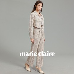 Marie Claire 嘉人 职业套装女新款春季小香风格子外套+宽松阔腿裤时尚两件套